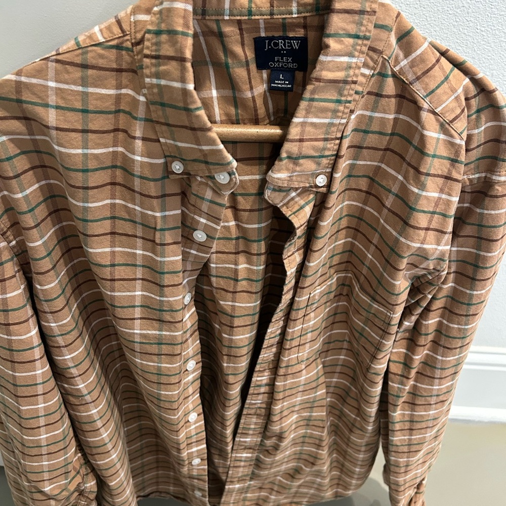 J. Crew Men's Tan and Green Plaid Button Down Shirt